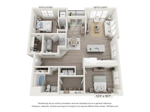 Floor plan for 2 beds, 2 baths, 1214 sqft